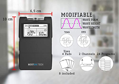 Boston Tech ME-89 Plus - Electroestimulador Muscular Digital TENS - EMS Digital de Dos Canales, 24 programas Pre-establecidos Ajustables y 8 Electrodos. Ideal para Tratamiento Muscular