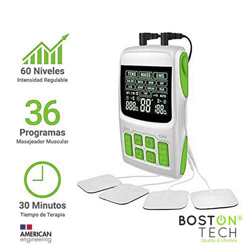 Boston Tech WE112 - Boston Tech - We-112 - Electroestimulador Digital Profesional 3 En 1, Tens, Ems, Masaje. Alivio Al Dolor Y Fortalecimiento Muscular General, Pantalla Lcd, 2 Canales, 4