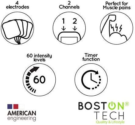 Boston Tech WE112 - Boston Tech - We-112 - Electroestimulador Digital Profesional 3 En 1, Tens, Ems, Masaje. Alivio Al Dolor Y Fortalecimiento Muscular General, Pantalla Lcd, 2 Canales, 4