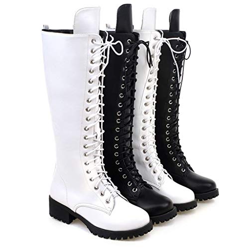 Botas Altas Mujer Plataforma Zapatos con Cordones con Piel Botas Militares Botas Punk Moto Calzado Casuales Clásicos Otoño Invierno (Blanco,40)