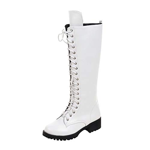 Botas Altas Mujer Plataforma Zapatos con Cordones con Piel Botas Militares Botas Punk Moto Calzado Casuales Clásicos Otoño Invierno (Blanco,40)