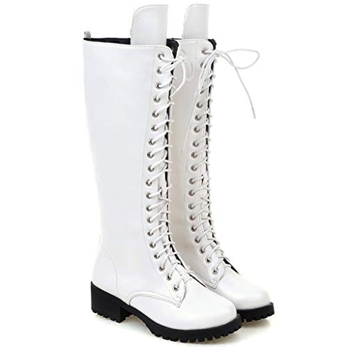 Botas Altas Mujer Plataforma Zapatos con Cordones con Piel Botas Militares Botas Punk Moto Calzado Casuales Clásicos Otoño Invierno (Blanco,40)