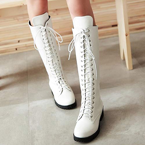 Botas Altas Mujer Plataforma Zapatos con Cordones con Piel Botas Militares Botas Punk Moto Calzado Casuales Clásicos Otoño Invierno (Blanco,40)