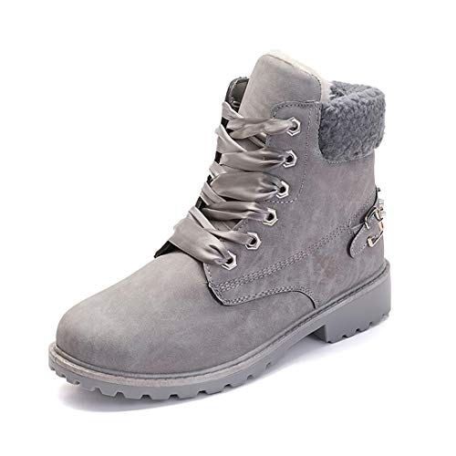 Botas Nieve Mujer Otoño Invierno Calentar Piel Forro Botines Retro Snow Boots Cordones Zapatillas Planas Gris 40