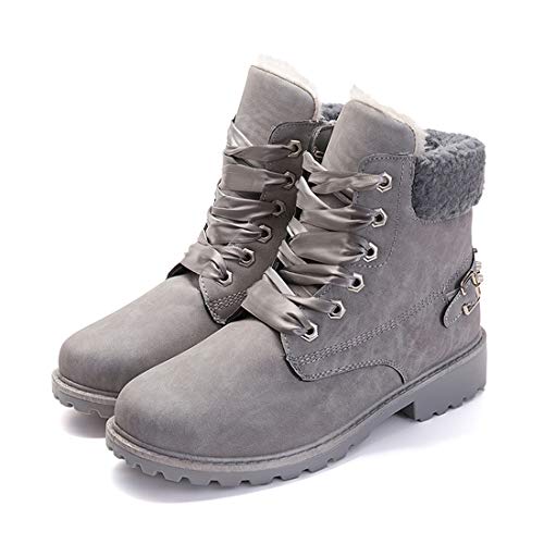 Botas Nieve Mujer Otoño Invierno Calentar Piel Forro Botines Retro Snow Boots Cordones Zapatillas Planas Gris 41