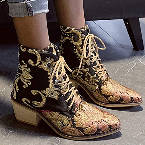 Botas Vintage Mujer 2019 Botines con Cordones Zapatos Retro Bohemios Zapatos Bordado Flores Zapatos Tacon Ancho Puntiagudos Fiesta Zapatos de Discoteca Yvelands(Negro,41)