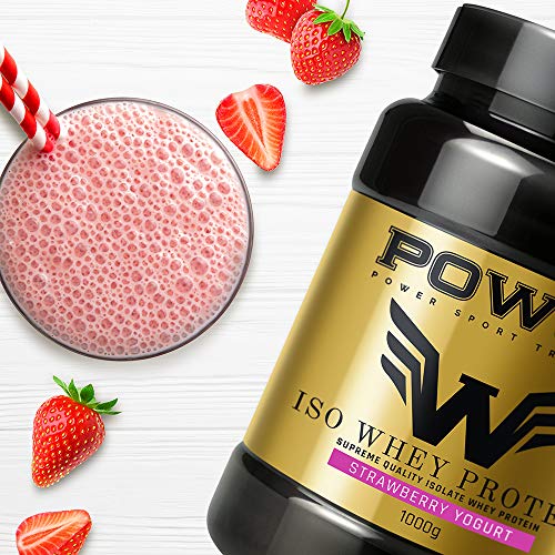 Bote Whey Protein Isolate, aislado de Proteína de Suero de Leche en polvo con BCAA aminoacidos, 1Kg (Sabor yogur con Fresas) POWST