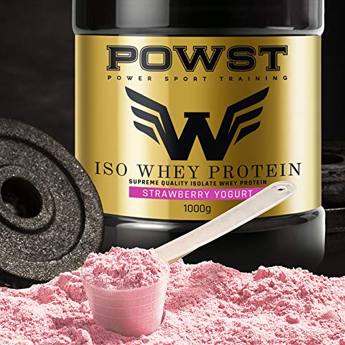 Bote Whey Protein Isolate, aislado de Proteína de Suero de Leche en polvo con BCAA aminoacidos, 1Kg (Sabor yogur con Fresas) POWST