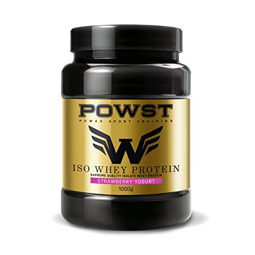 Bote Whey Protein Isolate, aislado de Proteína de Suero de Leche en polvo con BCAA aminoacidos, 1Kg (Sabor yogur con Fresas) POWST