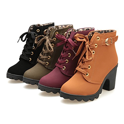 Botines Mujer Tacon Plataforma Botas Invierno Moda 2019 Zapatos Militares con Cordones Botines de Tacón Grueso Zapatos de Discoteca Antideslizante Botin Hebillas Yvelands(rojo,38)