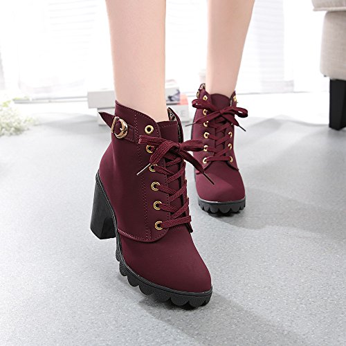 Botines Mujer Tacon Plataforma Botas Invierno Moda 2019 Zapatos Militares con Cordones Botines de Tacón Grueso Zapatos de Discoteca Antideslizante Botin Hebillas Yvelands(rojo,38)