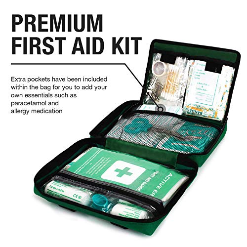 Botiquín de Primeros Auxilios Premium de 220 piezas. Incluye el kit para el lavado de ojos, 2 x Bolsas de Hielo y una Manta de Emergencia. Para el Hogar, Oficina, Coche, Caravana, Viajes y Deportes