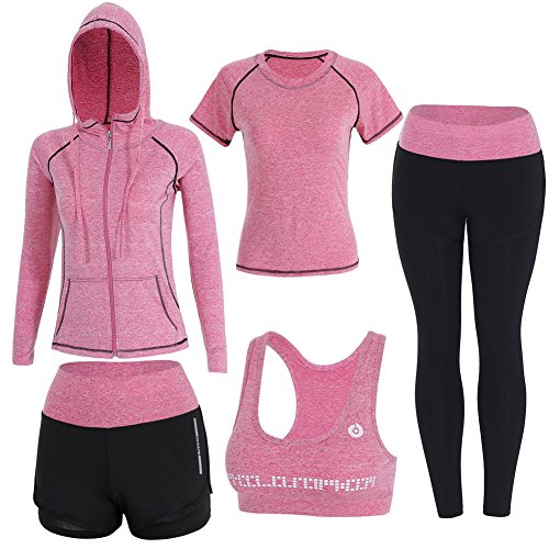 BOTRE 5 Piezas Conjuntos Deportivos para Mujer Chándales Ropa de Correr Yoga Fitness Tenis Suave Transpirable Cómodo (Rosa, L)