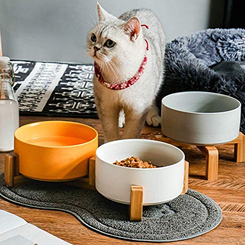 Bowl para Gatos y Perros - Cuencos elevados para Mascotas Comedero y Bebedero de cerámica para Perros Gatos Cachorros con Soportes de Bambú Antideslizante Cuenco de Agua para Personalizado y Práctico