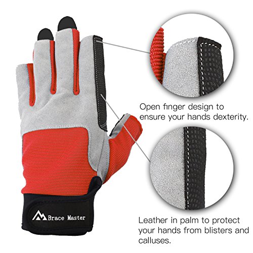 Brace Master Guantes de Hombre Vela, Pesca, Remo, Kayak, Surf, piragüismo, Bote y Deportes acuáticos, Piel en la Palma para Mejorar el Agarre, 3/4 Dedos