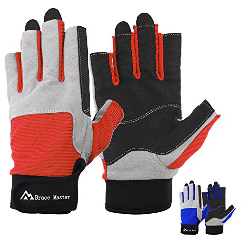 Brace Master Guantes de Hombre Vela, Pesca, Remo, Kayak, Surf, piragüismo, Bote y Deportes acuáticos, Piel en la Palma para Mejorar el Agarre, 3/4 Dedos