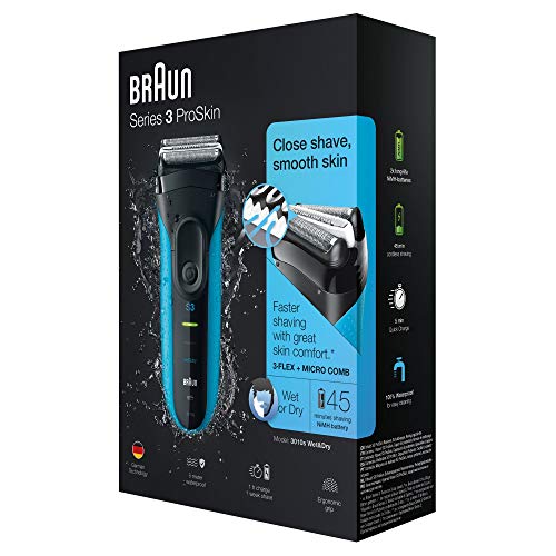 Braun Series 3 ProSkin 3010 s Afeitadora eléctrica hombre, Afeitadora Barba Inalámbrica y Recargable, Wet&Dry, Máquina de Afeitar para Hombre, Negro/Azul