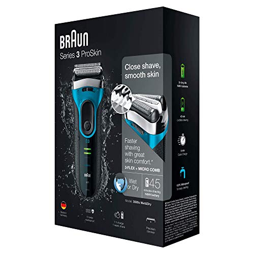 Braun Series 3 ProSkin 3080 s - Afeitadora eléctrica hombre, afeitadora barba inalámbrica y recargable, Wet&Dry, máquina de afeitar, recortadora de precisión extraíble, negro/azul + base de carga