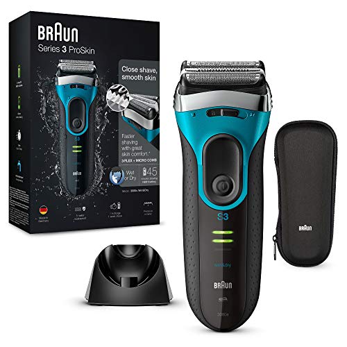 Braun Series 3 ProSkin 3080 s - Afeitadora eléctrica hombre, afeitadora barba inalámbrica y recargable, Wet&Dry, máquina de afeitar, recortadora de precisión extraíble, negro/azul + base de carga