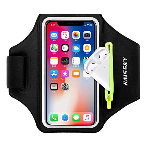 Brazalete Deportivo para Correr con Bolsa de Airpods, Brazalete Móvil Deportivo Ajustable para iPhone 12 11 Pro XS MAX XR X, Galaxy S10 Plus/S10e, hasta 6,5" (Negro)