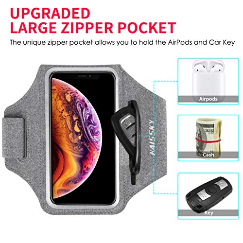 Brazalete Deportivo para Correr con Bolsa de Airpods, Brazalete Móvil Deportivo Ajustable para iPhone 12/12Pro/11/11 Pro/XR/XS/X/8 Plus/7 Plus/8/7/6s/6, Galaxy S10/S9/S9+ hasta 6,5" (Gris)