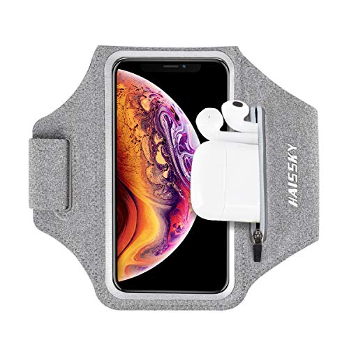 Brazalete Deportivo para Correr con Bolsa de Airpods, Brazalete Móvil Deportivo Ajustable para iPhone 12/12Pro/11/11 Pro/XR/XS/X/8 Plus/7 Plus/8/7/6s/6, Galaxy S10/S9/S9+ hasta 6,5" (Gris)