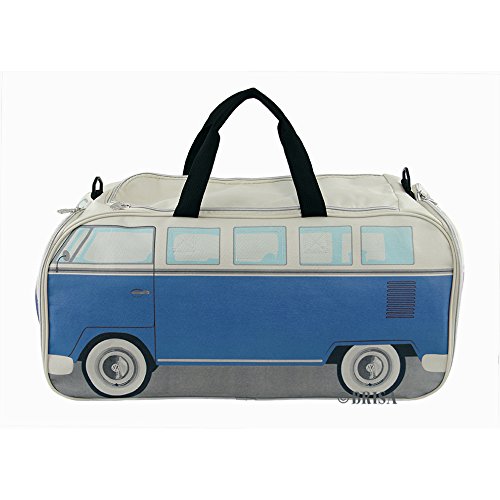 Brisa VW Collection - Volkswagen Furgoneta Hippie Bus T1 Van Bolsa de Deporte Plegable con Asas, Bolsa de Viaje con Compartimento Impermeable para Zapatos, Equipaje, Duffel Bag para Gimnasio (L/Azul)