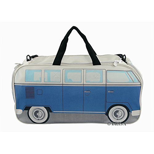 Brisa VW Collection - Volkswagen Furgoneta Hippie Bus T1 Van Bolsa de Deporte Plegable con Asas, Bolsa de Viaje con Compartimento Impermeable para Zapatos, Equipaje, Duffel Bag para Gimnasio (L/Azul)