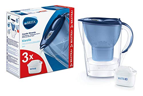 BRITA Marella azul Pack Ahorro – Jarra de Agua Filtrada con 3 cartuchos MAXTRA+, Filtro de agua BRITA que reduce la cal y el cloro, Agua filtrada para un sabor óptimo, 2.4L