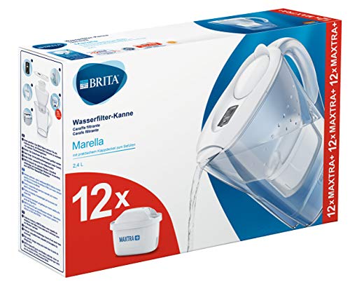 BRITA Marella blanca Pack Ahorro – Jarra de Agua Filtrada con 12 cartuchos MAXTRA+, Filtro de agua BRITA que reduce la cal y el cloro, Agua filtrada para un sabor óptimo, 2.4L