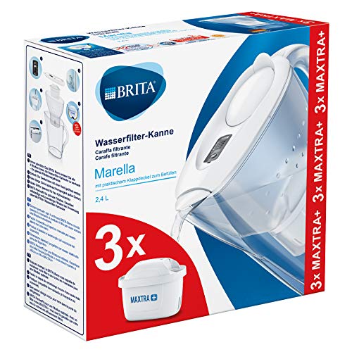 BRITA Marella blanca Pack Ahorro – Jarra de Agua Filtrada con 3 cartuchos MAXTRA+, Filtro de agua BRITA que reduce la cal y el cloro, Agua filtrada para un sabor óptimo, 2.4L