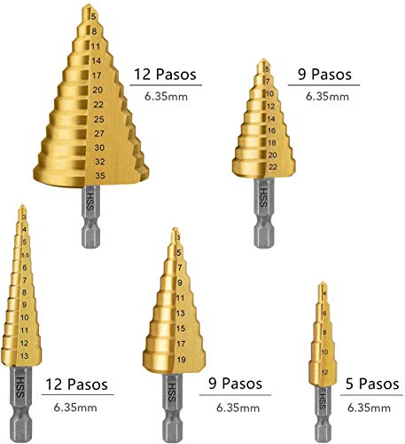 Broca Escalonada Profesional, Broca Cónica, Punzón Central Automático Tacklife PDH06A, Acero de Alta Velocidad | 47 Tamaños en 5, Mango de Cambio Rápido HEX 1/4, Diseño de Cuchillas de Doble Corte Broca Escalonada Profesional, Broca Cónica, Punzón Central Automático Tacklife PDH06A, Acero de Alta Velocidad | 47 Tamaños en 5, Mango de Cambio Rápido HEX 1/4, Diseño de Cuchillas de Doble Corte