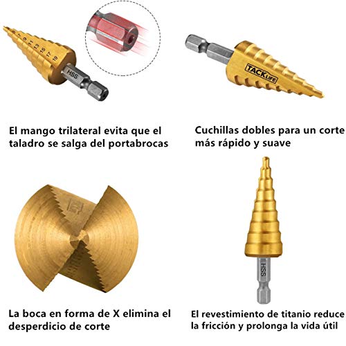 Broca Escalonada Profesional, Broca Cónica, Punzón Central Automático Tacklife PDH06A, Acero de Alta Velocidad | 47 Tamaños en 5, Mango de Cambio Rápido HEX 1/4, Diseño de Cuchillas de Doble Corte