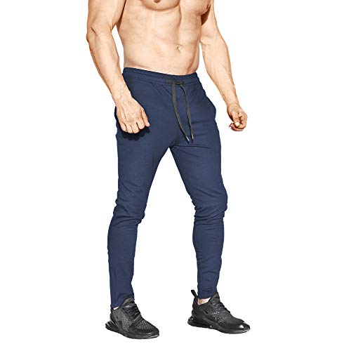 Broki - Pantalones de chándal ajustados con cremallera para hombre, pantalones deportivos informales para correr, ir al gimnasio, pantalones chinos de chándal, color negro Azul azul marino M