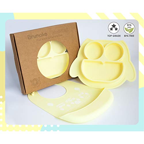 Brunoko Plato para bebe con babero - Plato Silicona para infantil con mantel individual - Ventosas antivuelco para tronas y sillines - Seguro en lavavajillas/microondas - Diseñado en España Brunoko Plato para bebe con babero - Plato Silicona para infantil con mantel individual - Ventosas antivuelco para tronas y sillines - Seguro en lavavajillas/microondas - Diseñado en España