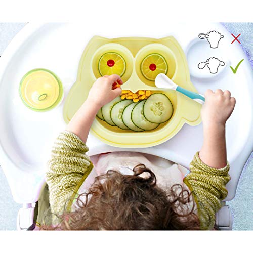 Brunoko Plato para bebe con babero - Plato Silicona para infantil con mantel individual - Ventosas antivuelco para tronas y sillines - Seguro en lavavajillas/microondas - Diseñado en España