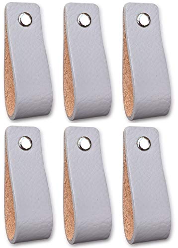 Brute Strength - Tirador de cuero - Gris claro - 6 piezas - 16,5 x 2,5 cm - incluye tres colores de tornillos por manija de cuero para los gabinetes de cocina - baño - gabinetes