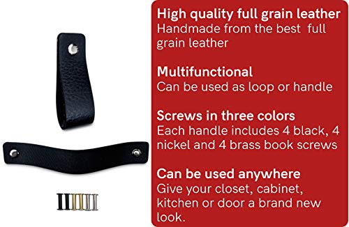Brute Strength - Tirador de cuero - Negro - 12 piezas - 16,5 x 2,5 cm - incluye tres colores de tornillos por manija de cuero para los gabinetes de cocina - baño - gabinetes