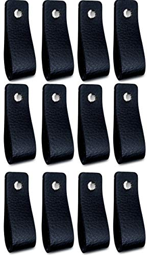 Brute Strength - Tirador de cuero - Negro - 12 piezas - 16,5 x 2,5 cm - incluye tres colores de tornillos por manija de cuero para los gabinetes de cocina - baño - gabinetes
