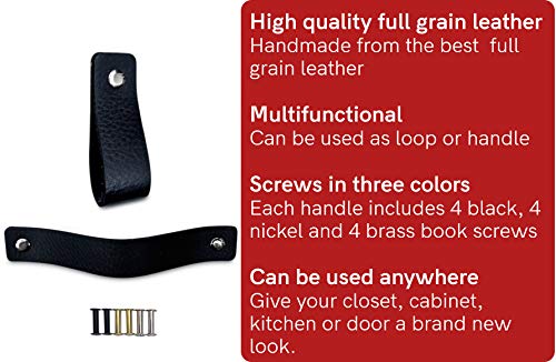 Brute Strength - Tirador de cuero - Negro - 6 piezas - 16,5 x 2,5 cm - incluye tres colores de tornillos por manija de cuero para los gabinetes de cocina - baño - gabinetes Brute Strength - Tirador de cuero - Negro - 6 piezas - 16,5 x 2,5 cm - incluye tres colores de tornillos por manija de cuero para los gabinetes de cocina - baño - gabinetes