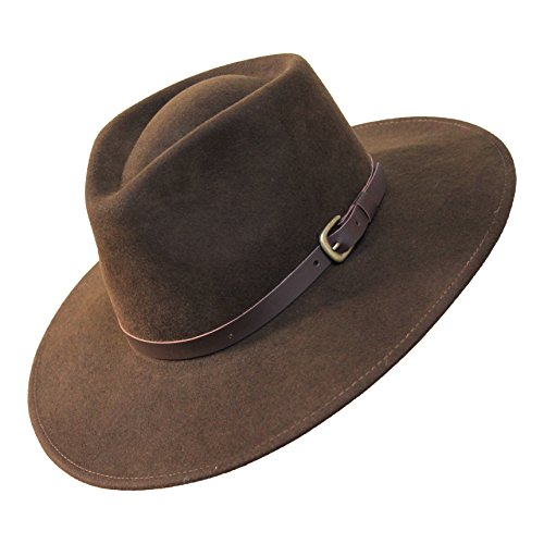 B&S Premium Lewis - Sombrero de ala Ancha Fedora - 100% Fieltro de Lana - Resistente al Agua - Banda de Piel - Marron Oscuro 60cm