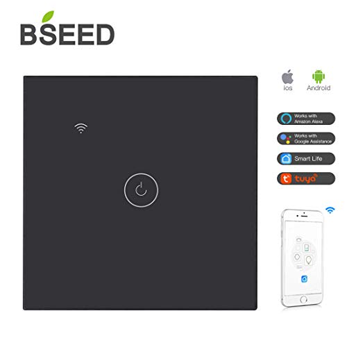 BSEED Alexa interruptor de luz inteligente con Bluetooth, 1 compartimento 1 vía, wifi, funciona con su Amazon Alexa y Google Home, interruptor táctil de cristal negro (requiere cable neutro)