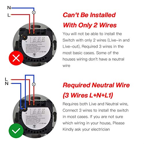 BSEED - Interruptor táctil WiFi doble de 1 vía (se necesita alimentación neutral) compatible con Alexa/Tuya/IFTT, panel de vidrio, del Reino Unido, compatible con interruptor de luz de pared Negro