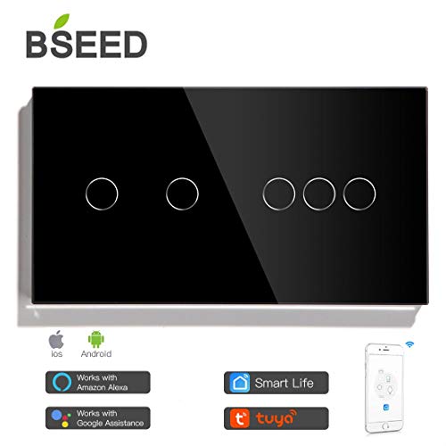 BSEED - Interruptor táctil WiFi doble de 1 vía (se necesita alimentación neutral) compatible con Alexa/Tuya/IFTT, panel de vidrio, del Reino Unido, compatible con interruptor de luz de pared Negro