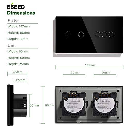 BSEED - Interruptor táctil WiFi doble de 1 vía (se necesita alimentación neutral) compatible con Alexa/Tuya/IFTT, panel de vidrio, del Reino Unido, compatible con interruptor de luz de pared Negro