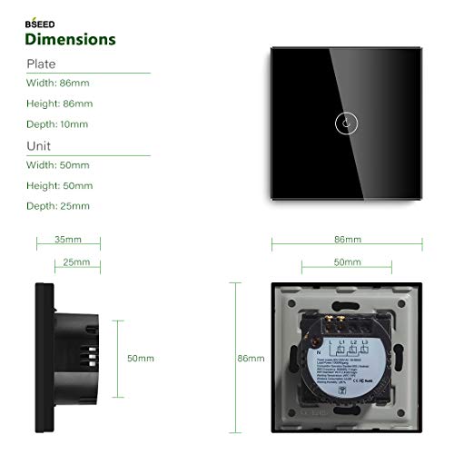 BSEED Interruptor wifi de pared Negro,Interruptor inteligente de pantalla táctil de cristal 1 Gang 1 Way compatible con Tuya,Amazon Alexa, Google Home, iOS Android App BSEED Interruptor wifi de pared Negro,Interruptor inteligente de pantalla táctil de cristal 1 Gang 1 Way compatible con Tuya,Amazon Alexa, Google Home, iOS Android App