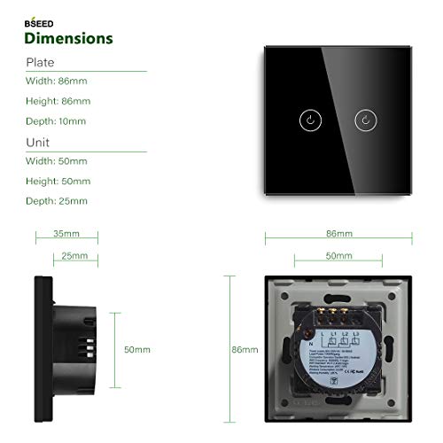 BSEED Interruptores de luz de pared Smart WiFi Touch Sensor (se necesita alimentación neutra) Panel de vidrio compatible Alexa/Tuya/IFTT 2 Gang 1 Via Negro BSEED Interruptores de luz de pared Smart WiFi Touch Sensor (se necesita alimentación neutra) Panel de vidrio compatible Alexa/Tuya/IFTT 2 Gang 1 Via Negro