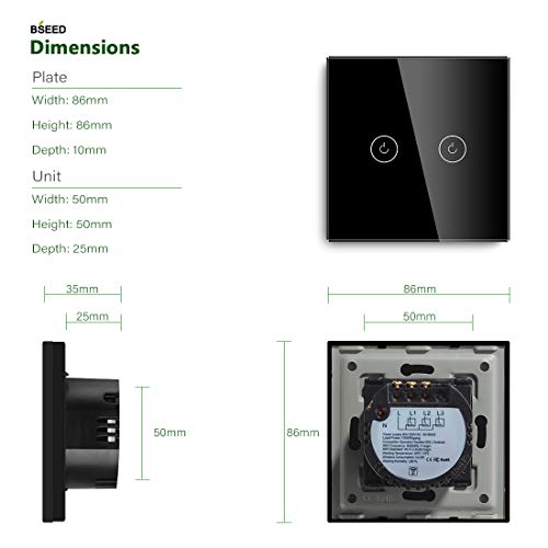 BSEED Interruptores de luz de pared Smart WiFi Touch Sensor (se necesita alimentación neutra) Panel de vidrio compatible Alexa/Tuya/IFTT 2 Gang 1 Via Negro