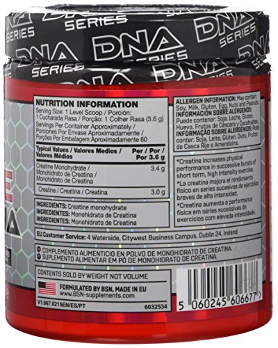 BSN DNA Creatine, Creatina Monohidratada en Polvo, Nutrición Deportiva, Sin Sabor, 63 Porciones, 216 g