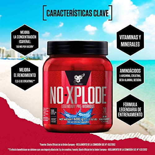 BSN Nutrition N.O.-Xplode, Suplementos Deportivos Pre Workout en Polvo con Creatina Monohidrato, Cafeina, Beta Alanina, Vitamina D y Vitamina B Complex, Frambuesa Azul, 30 Porciones, 0.6 kg BSN Nutrition N.O.-Xplode, Suplementos Deportivos Pre Workout en Polvo con Creatina Monohidrato, Cafeina, Beta Alanina, Vitamina D y Vitamina B Complex, Frambuesa Azul, 30 Porciones, 0.6 kg